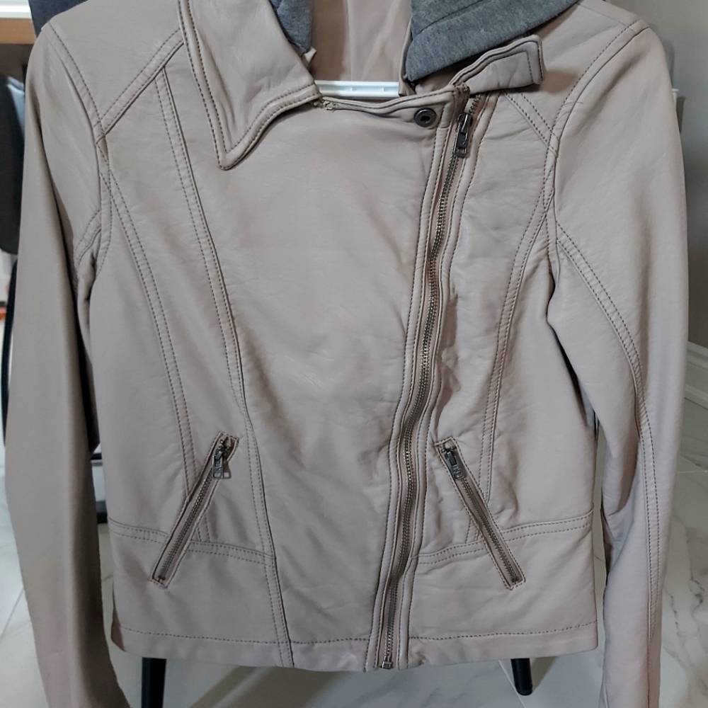 Hollister leather hoodie jacket, small, beige